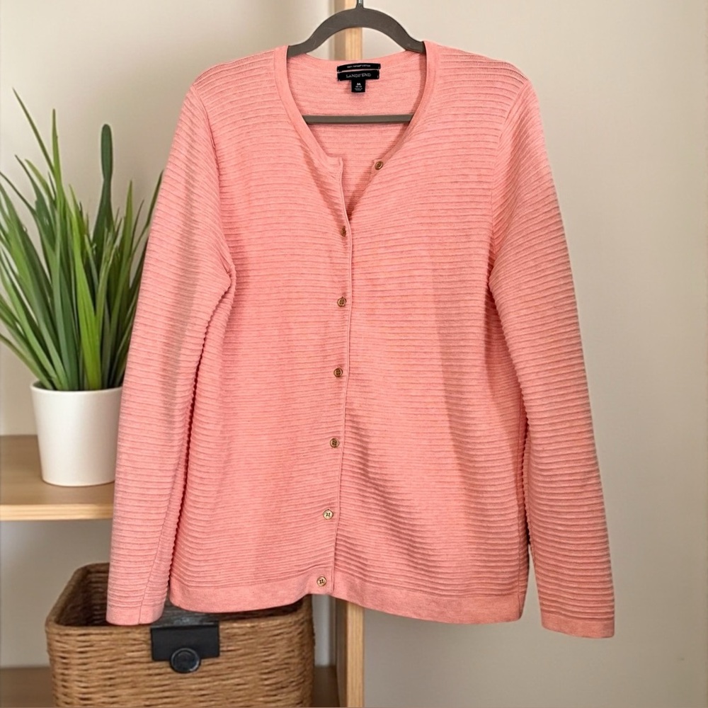 Lands' End. 100% Supima Cotton Ribbed Cardigan.Peach Coral. Size M- 10/12
